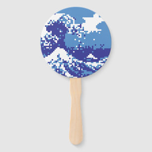 Pixel Tsunami Blue 8 Bit Pixel Art Hand Fan