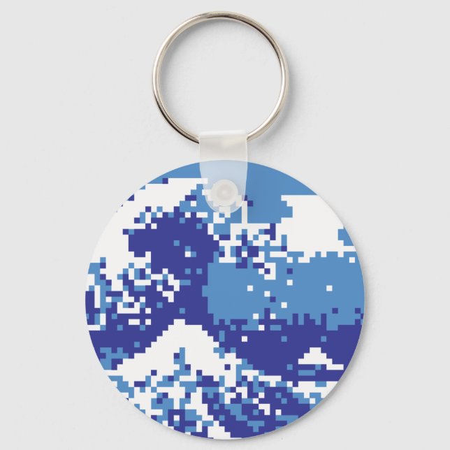 Pixel Tsunami Blue 8 Bit Pixel Art Keychain (Front)