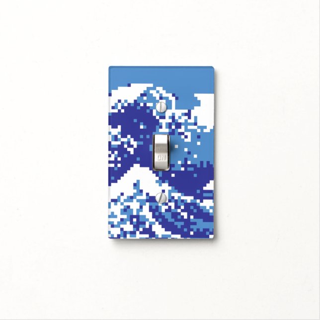 Pixel Tsunami Blue 8 Bit Pixel Art Light Switch Cover (In Situ)