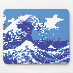 Pixel Tsunami Blue 8 Bit Pixel Art Mouse Pad
