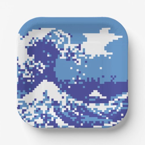 Pixel Tsunami Blue 8 Bit Pixel Art Paper Plates
