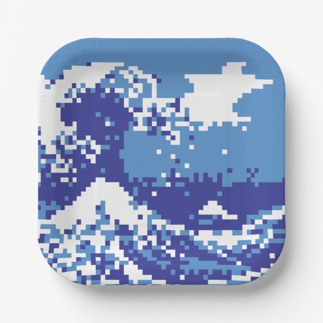 Pixel Tsunami Blue 8 Bit Pixel Art Paper Plates (Front)