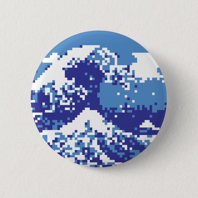 Pixel Tsunami Blue 8 Bit Pixel Art Pinback Button (Front)