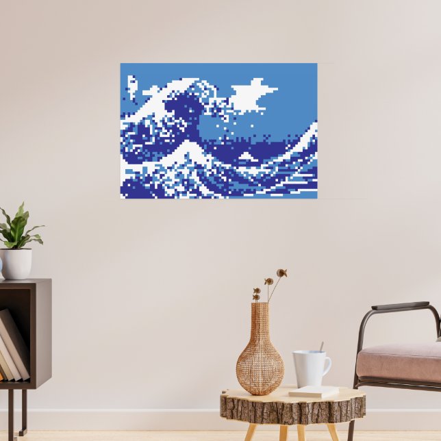 Pixel Tsunami Blue 8 Bit Pixel Art Poster | Zazzle