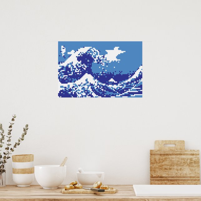 Pixel Tsunami Blue 8 Bit Pixel Art Poster | Zazzle