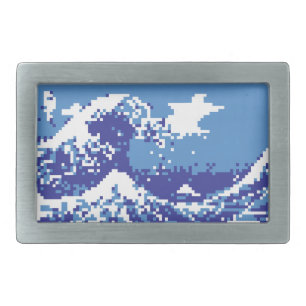 Pixel Tsunami Blue 8 Bit Pixel Art Rectangular Belt Buckle