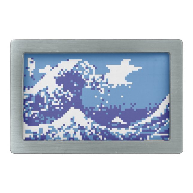 Pixel Tsunami Blue 8 Bit Pixel Art Rectangular Belt Buckle (Front)