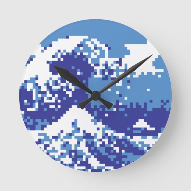 Pixel Tsunami Blue 8 Bit Pixel Art Round Clock (Front)