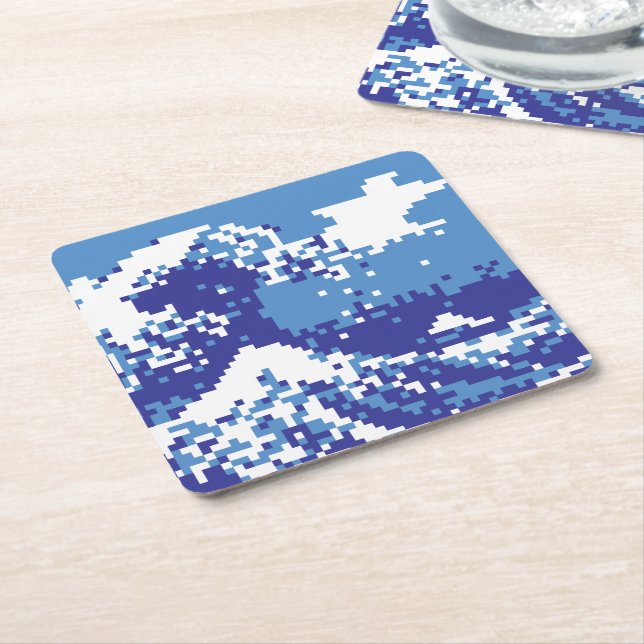 Pixel Tsunami Blue 8 Bit Pixel Art Square Paper Coaster (Angled)