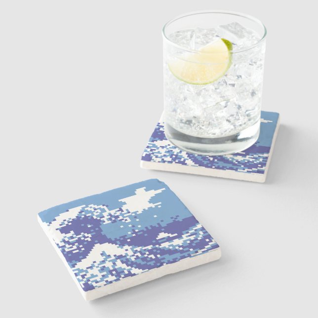 Pixel Tsunami Blue 8 Bit Pixel Art Stone Coaster (Side)