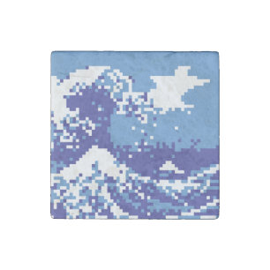 Pixel Tsunami Blue 8 Bit Pixel Art Stone Magnet
