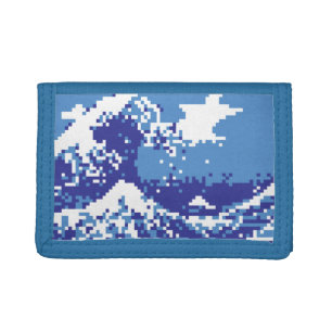 Pixel Tsunami Blue 8 Bit Pixel Art Tri-fold Wallet