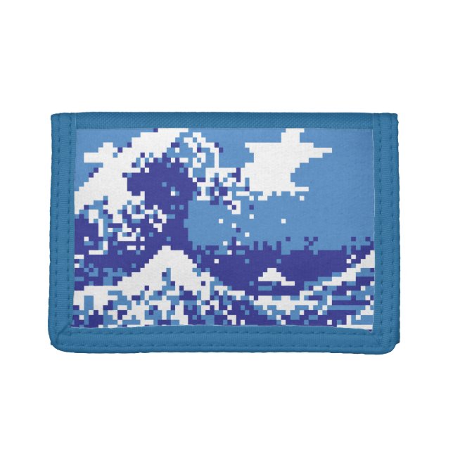 Pixel Tsunami Blue 8 Bit Pixel Art Tri-fold Wallet (Front)