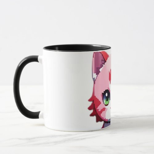 Pixelated Cartoon Cat with Floating Hear Mug