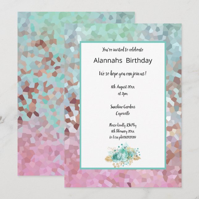 Pixelated Dream Aqua Floral Birthday Invitation (Front/Back)