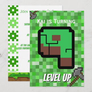 Pixelated Gamer Green Building Level Up 9 Invitation