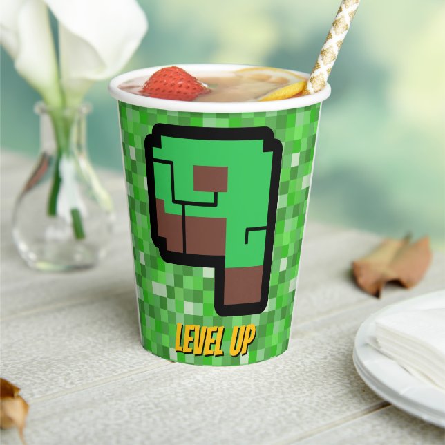 Pixelated Gamer Green Building Level Up 9 Paper Cups (Insitu)