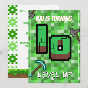 Pixelated Gamer Green Level Up 10th Birthday Invitation