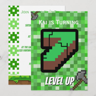 Pixelated Gamer Green Level Up 7th Birthday Invitation