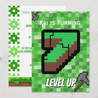 Pixelated Gamer Green Level Up 7th Birthday Invitation