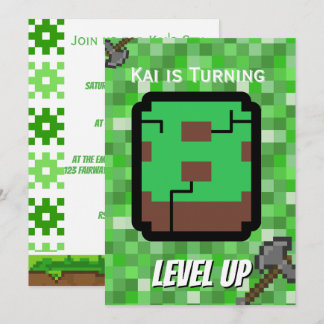 Pixelated Gamer Green Level Up 8th Birthday Invitation