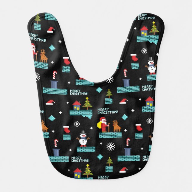 Pixelated Merry Christmas Pattern - Retro Design Baby Bib (Front)