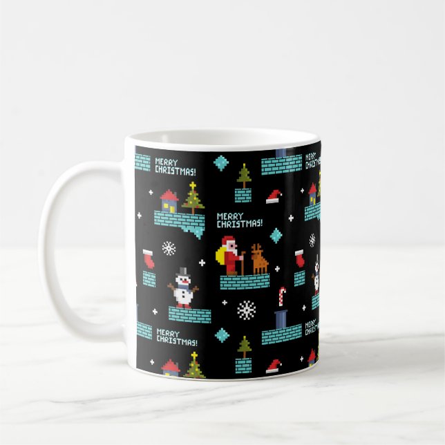 Pixelated Merry Christmas Pattern - Retro Design Coffee Mug (Left)