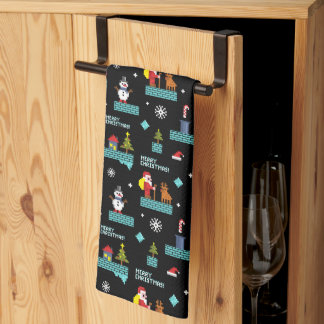 Pixelated Merry Christmas Pattern - Retro Design Kitchen Towel