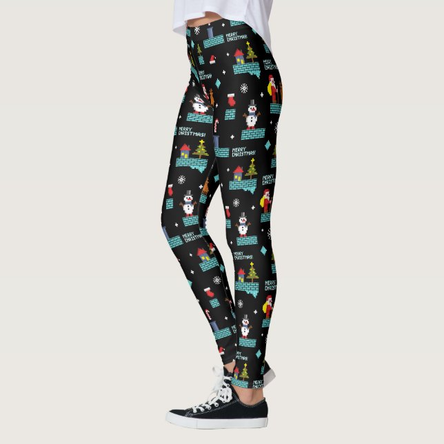 Pixelated Merry Christmas Pattern - Retro Design Leggings (Left)