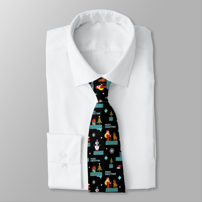 Pixelated Merry Christmas Pattern - Retro Design Neck Tie (Tied)