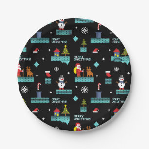 Pixelated Merry Christmas Pattern - Retro Design Paper Plates