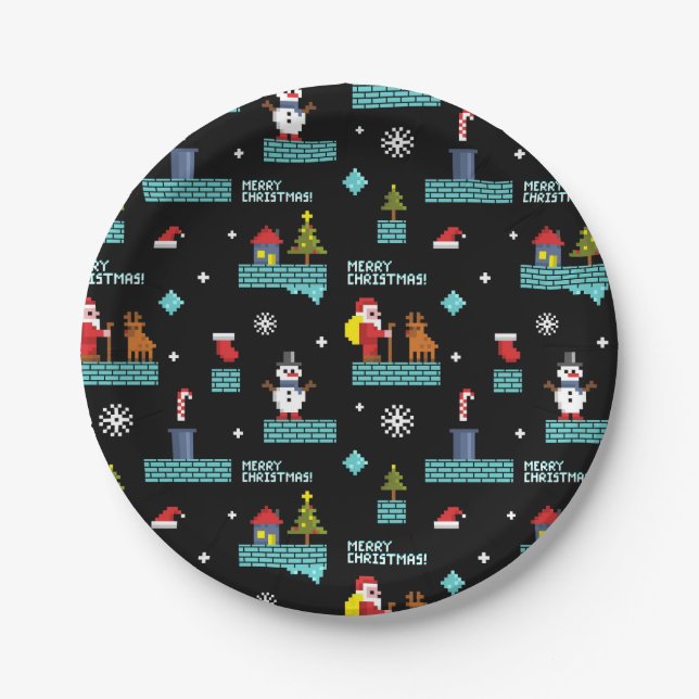 Pixelated Merry Christmas Pattern - Retro Design Paper Plates (Front)