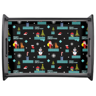 Pixelated Merry Christmas Pattern - Retro Design Serving Tray