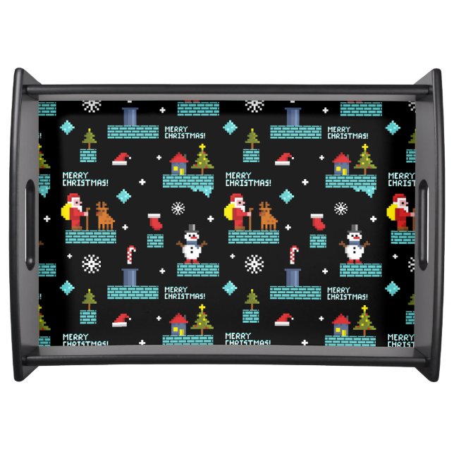 Pixelated Merry Christmas Pattern - Retro Design Serving Tray (Front)