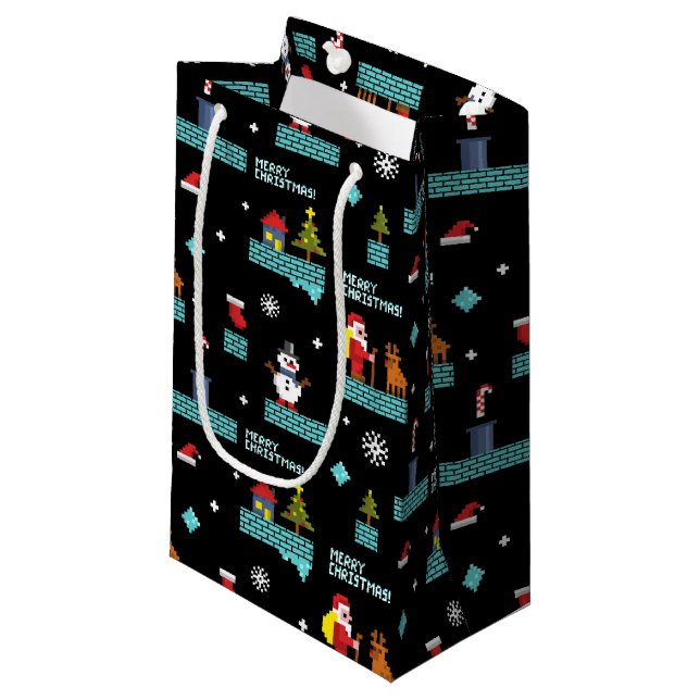 Pixelated Merry Christmas Pattern - Retro Design Small Gift Bag (Front Angled)