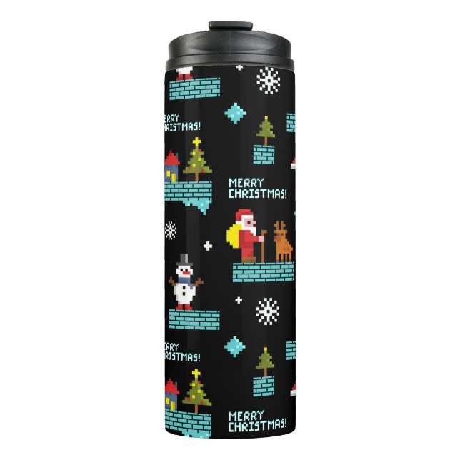 Pixelated Merry Christmas Pattern - Retro Design Thermal Tumbler (Front)