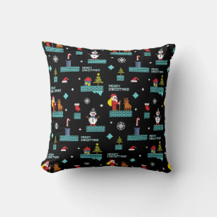 Pixelated Merry Christmas Pattern - Retro Design Throw Pillow
