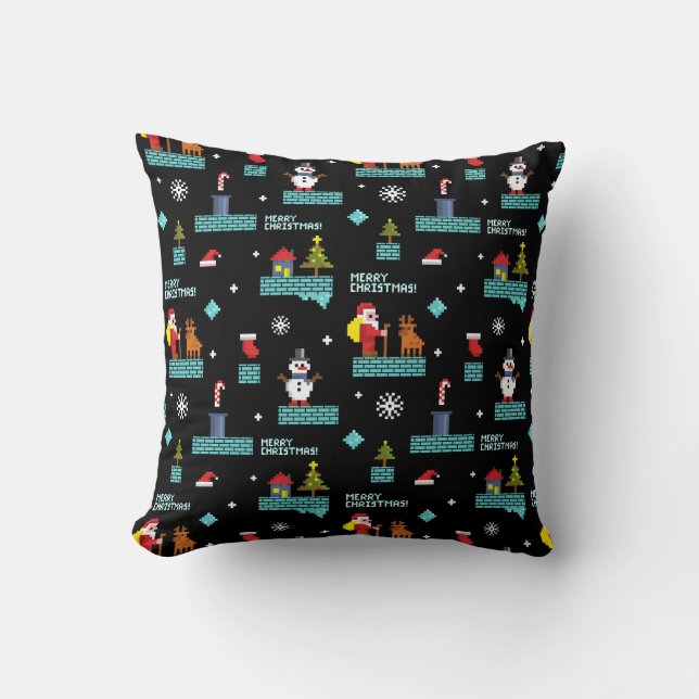 Pixelated Merry Christmas Pattern - Retro Design Throw Pillow (Front)