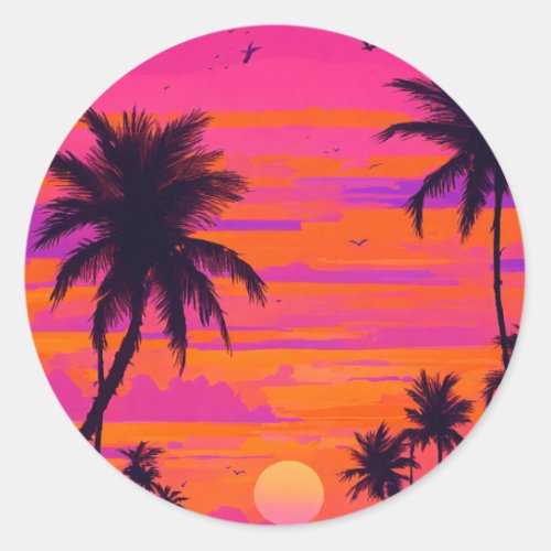Pixelated Paradise Vibrant Orange Beach Mosaic Classic Round Sticker