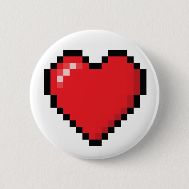 Pixelated red video game heart pinback button (Front)