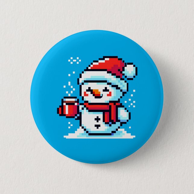 Pixelated Snowman with Coffee - Winter Holiday Art Button (Front)