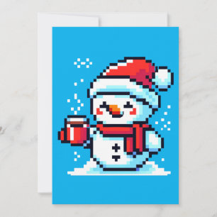 Pixelated Snowman with Coffee - Winter Holiday Art Card
