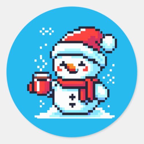 Pixelated Snowman with Coffee _ Winter Holiday Art Classic Round Sticker