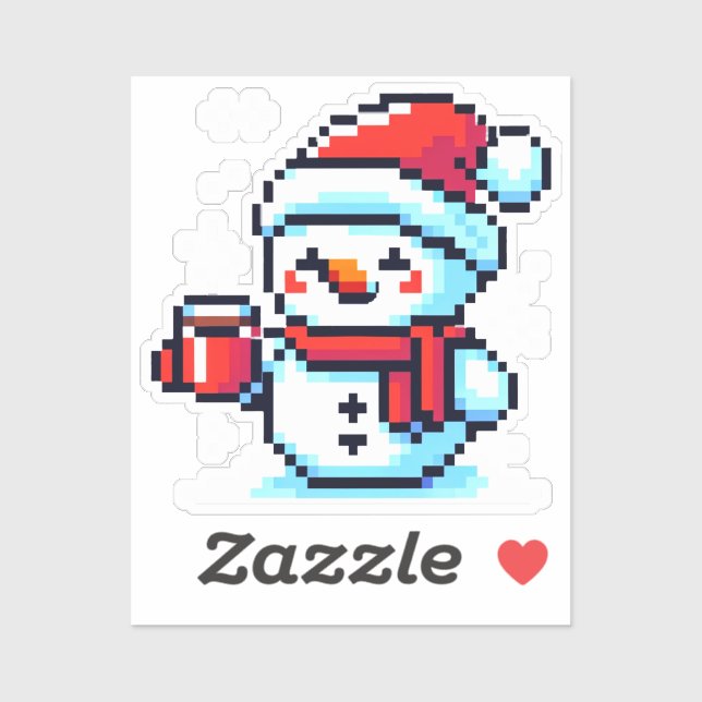 Pixelated Snowman with Coffee - Winter Holiday Art Sticker (Sheet)