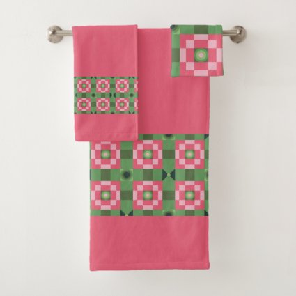 Pixelated Squares - Green and red pattern Bath Towel Set