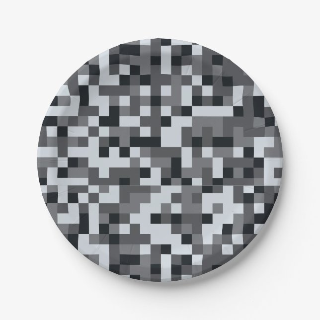Pixelated Video Game black and grey Birthday Party Paper Plates (Front)