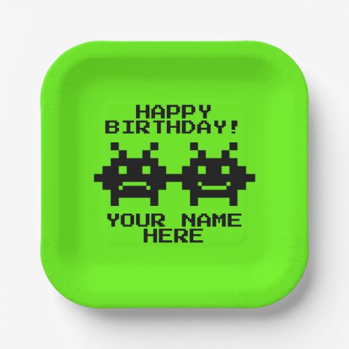 Pixelated video game icons paper Birthday plates