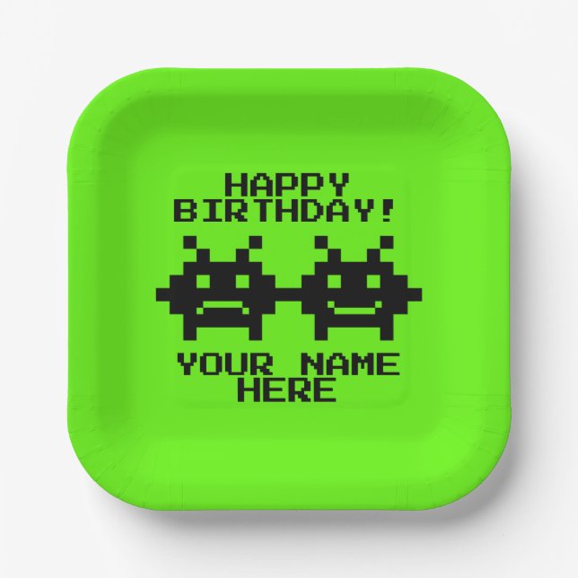 Pixelated video game icons paper Birthday plates (Front)