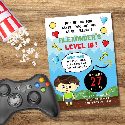 Pixels Arcade Game Level Up Kids Birthday Invitation