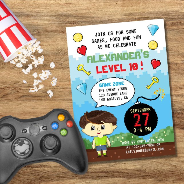 Pixels Arcade Game Level Up Kids Birthday Invitation (Creator Uploaded)